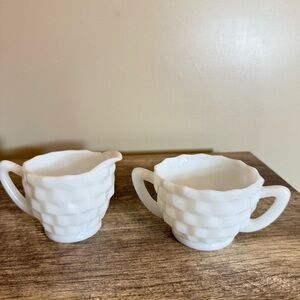 Vintage 60s Hazel Atlas Cubist White Milk Glass Cream and Sugar Bowl Set MCM